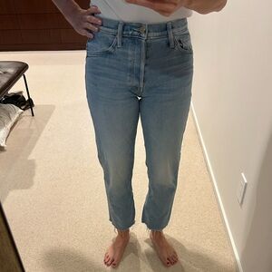 MOTHER Tomcat Ankle Fray High Rise Light Blue Jeans